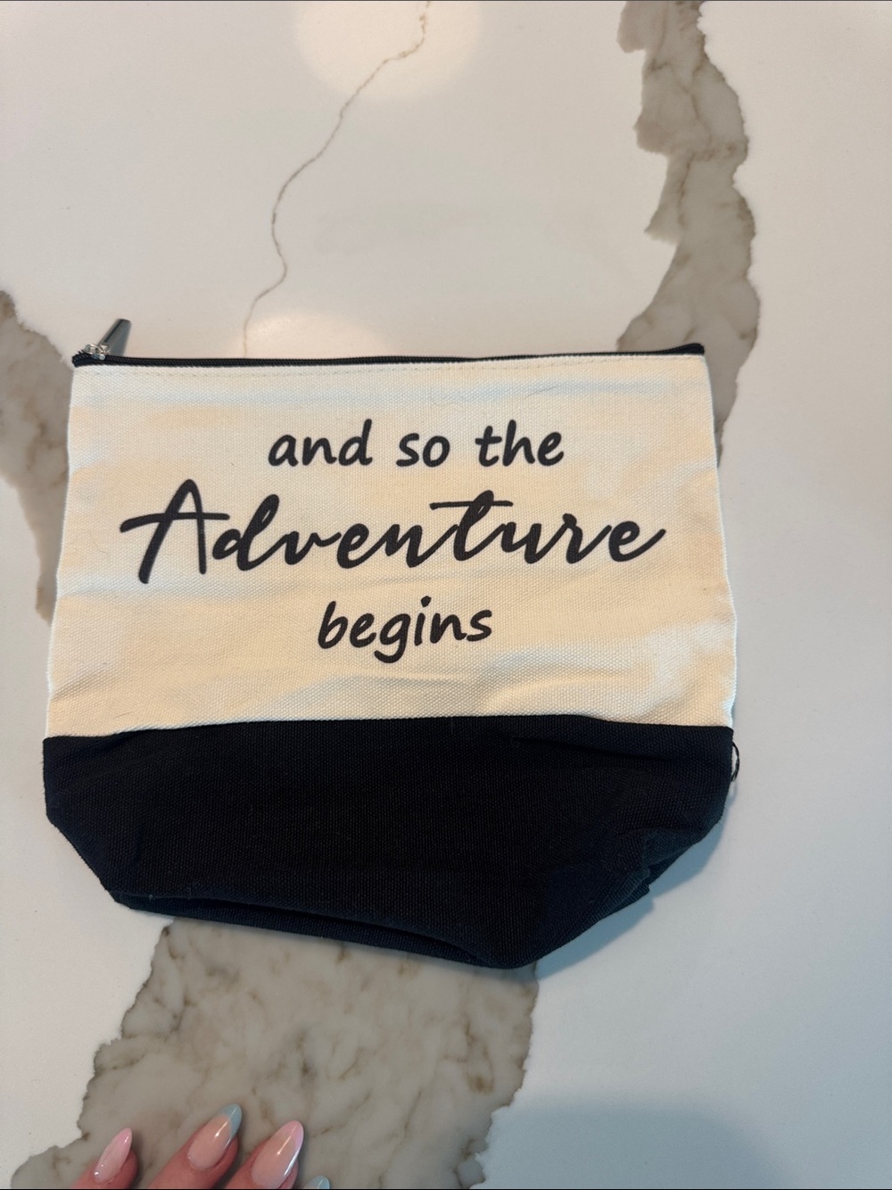 Canvas Zip Pouch "and so the Adventure begins" - Black & Cream